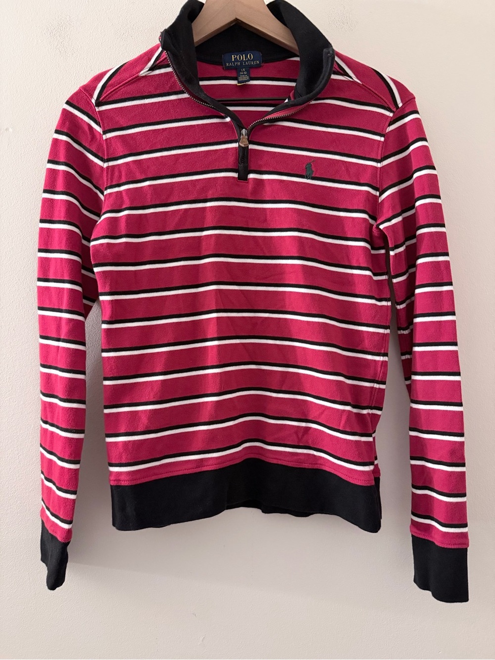 Polo Ralph Lauren Kids red black Striped Half-Zip Pullover long sleeve L 14-16